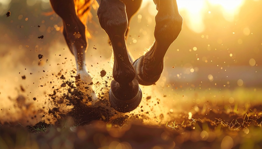 A racehorse at full stride in low golden light, the ground breaking under the hoof, standing in for better odds rather than illustrating them literally